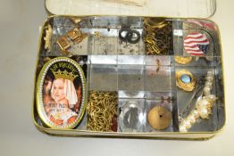 BRASS BOX CONTAINING METAL WARES, PAIR OF CUFF LINKS, OTHER COSTUME JEWELLERY ETC