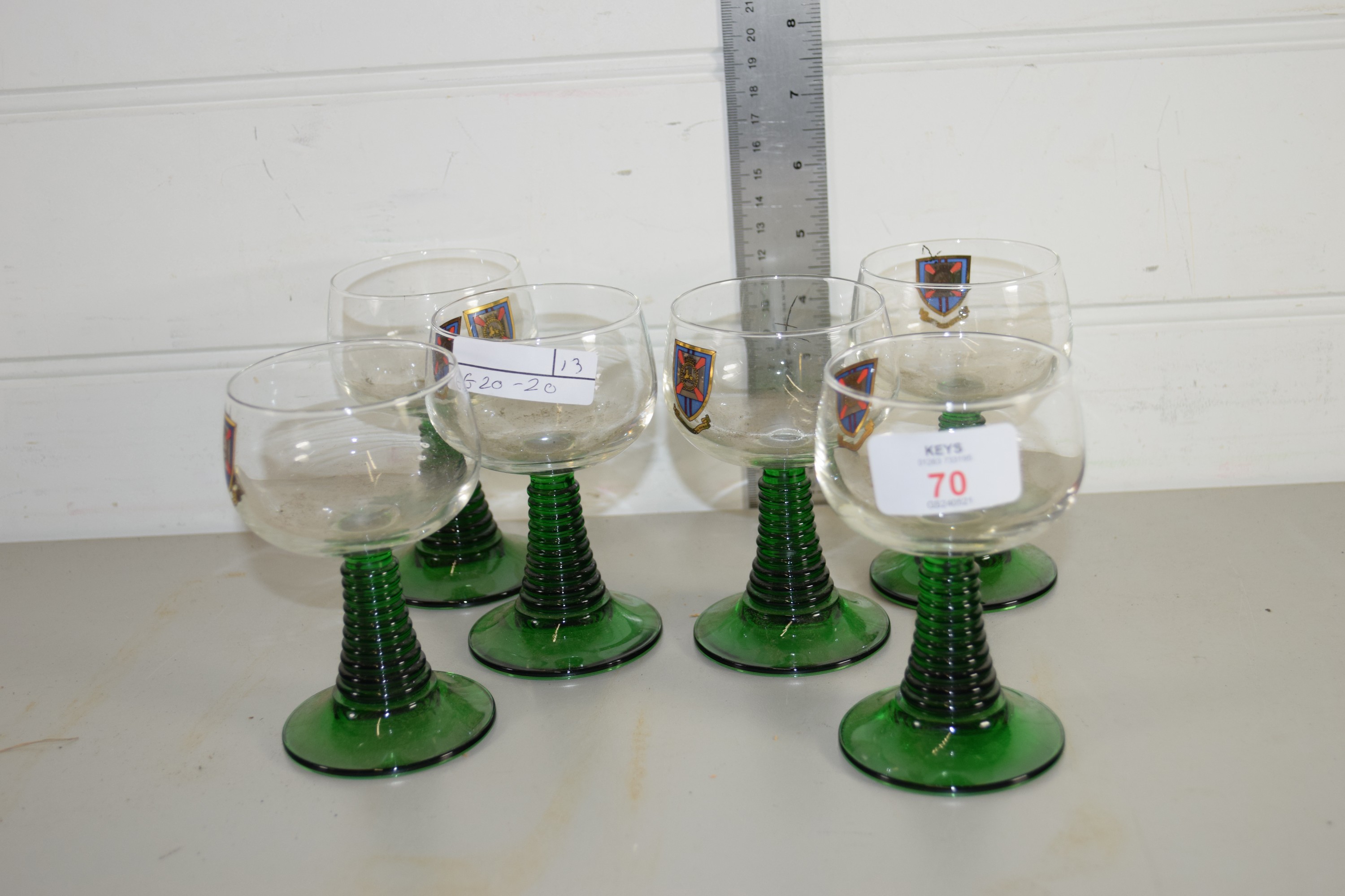 SIX WINE GLASSES WITH GREEN GLASS STEMS AND REGIMENTAL INSIGNIA FOR THE DUKE OF EDINBURGH'S