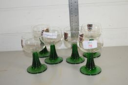 SIX WINE GLASSES WITH GREEN GLASS STEMS AND REGIMENTAL INSIGNIA FOR THE DUKE OF EDINBURGH'S