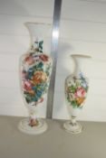 TWO LARGE MILK GLASS VASES WITH FLORAL DECORATION