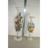 TWO LARGE MILK GLASS VASES WITH FLORAL DECORATION