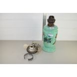 OIL LAMP BASE, THE GLASS BASE WITH PAINTED FLORAL DESIGN