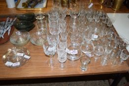 QUANTITY OF GLASS WARES, WINE GLASSES ETC