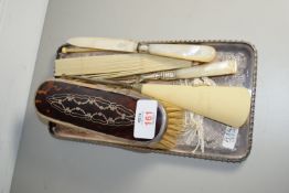 BOX CONTAINING BUTTON HOOKS AND HAIR BRUSH WITH TORTOISESHELL BACKING