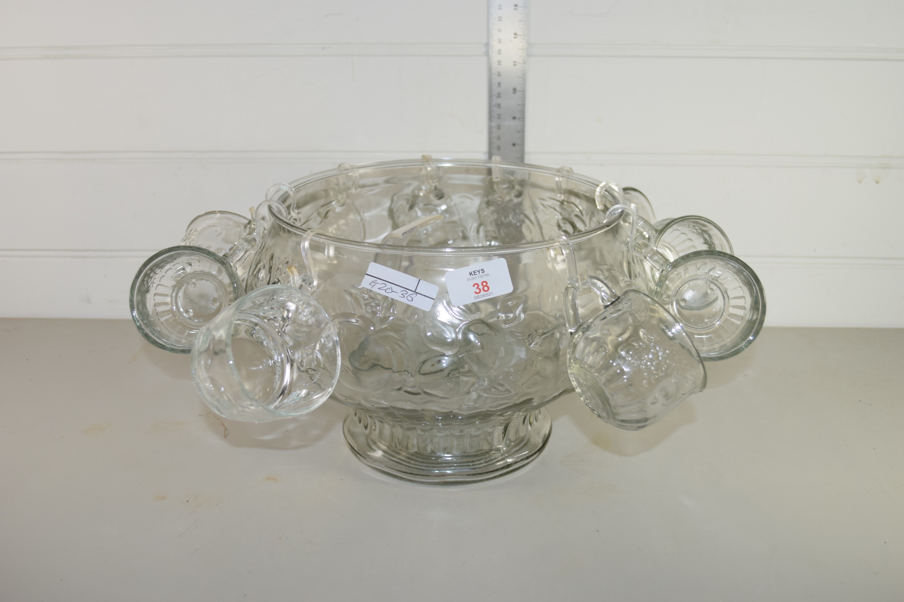 GLASS PUNCH BOWL WITH SMALL GLASS CUPS