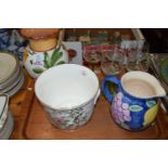 TRAY CONTAINING WINE GLASSES WITH GREEN COLOURED STEMS AND BASES, AN AYNSLEY JARDINIERE ETC