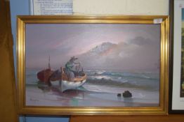 MODERN OIL ON CANVAS DEPICTING FISHING BOATS, SIGNED H SOPENS LOWER LEFT, APPROX 36 X 59CM