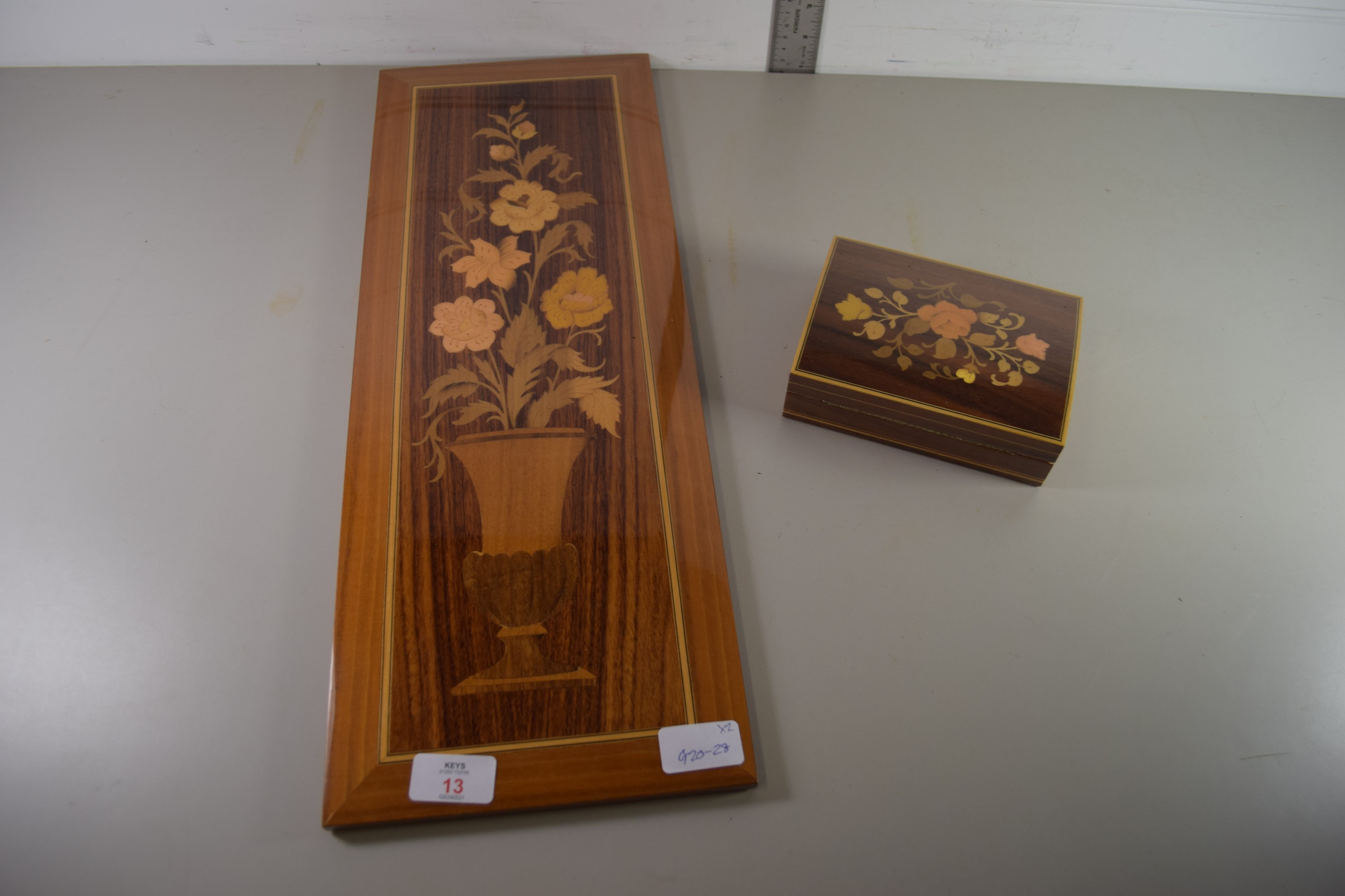 SMALL BOX WITH INLAID TYPE DECORATION OF FLOWERS TOGETHER WITH A MODERN WOODEN PANELLED EXAMPLE