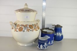 LARGE 19TH CENTURY CERAMIC JAR AND COVER WITH LOOP HANDLES, TOGETHER WITH A WEDGWOOD JASPERWARE