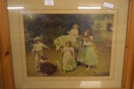 FRAMED PICTURE OF 19TH CENTURY CHILDREN WITH A PONY AND DOG, APPROX 30 X 40CM