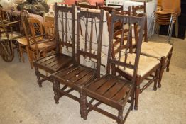 SET OF THREE DECORATIVELY CARVED DINING CHAIRS, EACH APPROX 46CM WIDTH MAX