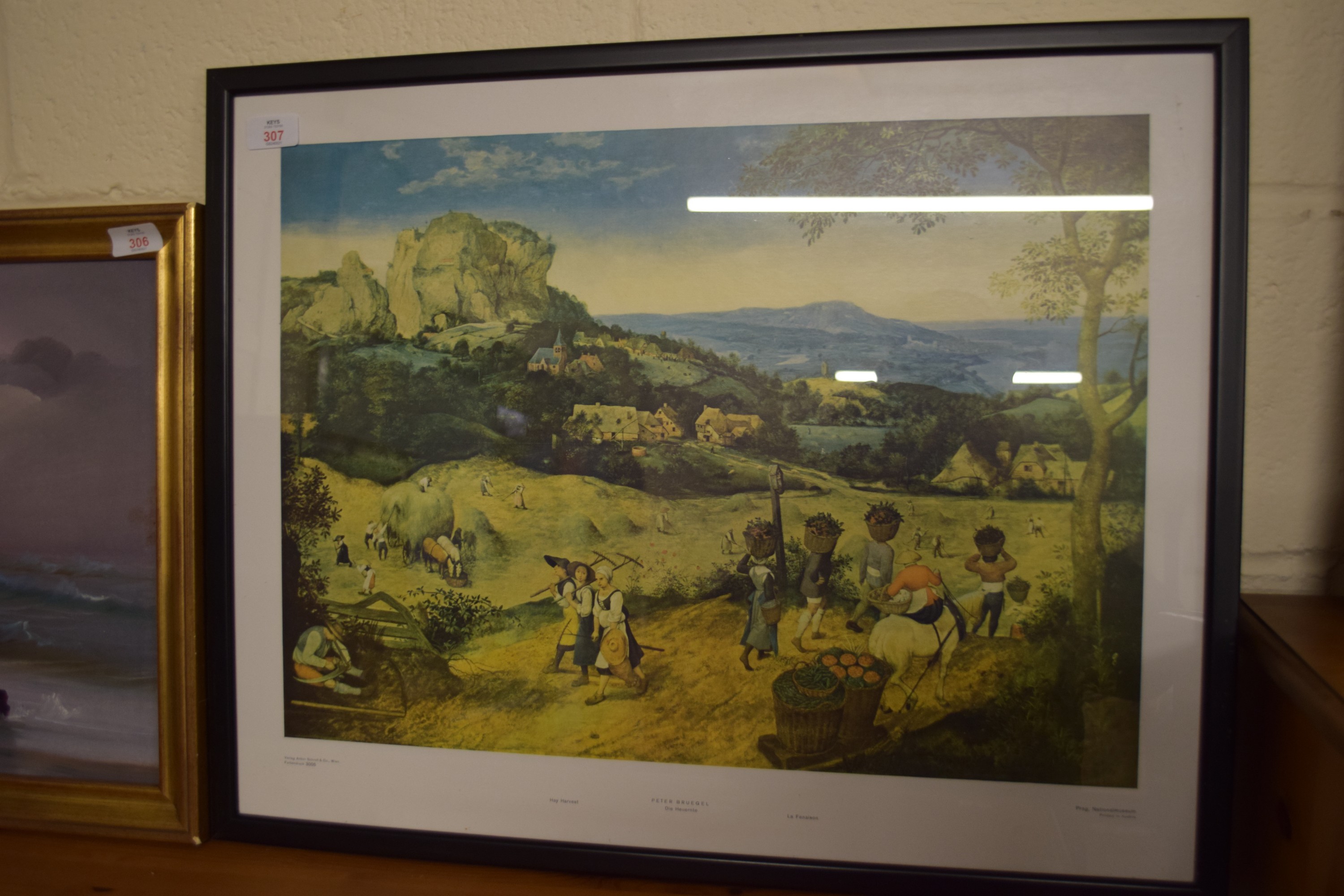 FRAMED PRINT OF A PETER BRUEGEL PAINTING "HAY HARVEST", FRAME SIZE APPROX 66 X 53CM
