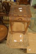 FOLDING TABLE WITH CARVED DECORATION TOGETHER WITH A SIMILAR STOOL, TABLE APPROX 70 X 37CM