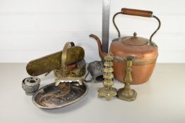 LARGE COPPER KETTLE, BRASS WARES, SILVER METAL BOX AND COVER