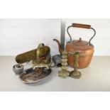 LARGE COPPER KETTLE, BRASS WARES, SILVER METAL BOX AND COVER