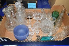 GLASS WARES, THREE HOBNAIL GLASS DECANTERS, GLASS BOTTLES AND DISHES