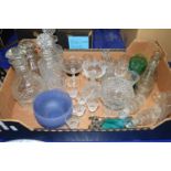 GLASS WARES, THREE HOBNAIL GLASS DECANTERS, GLASS BOTTLES AND DISHES