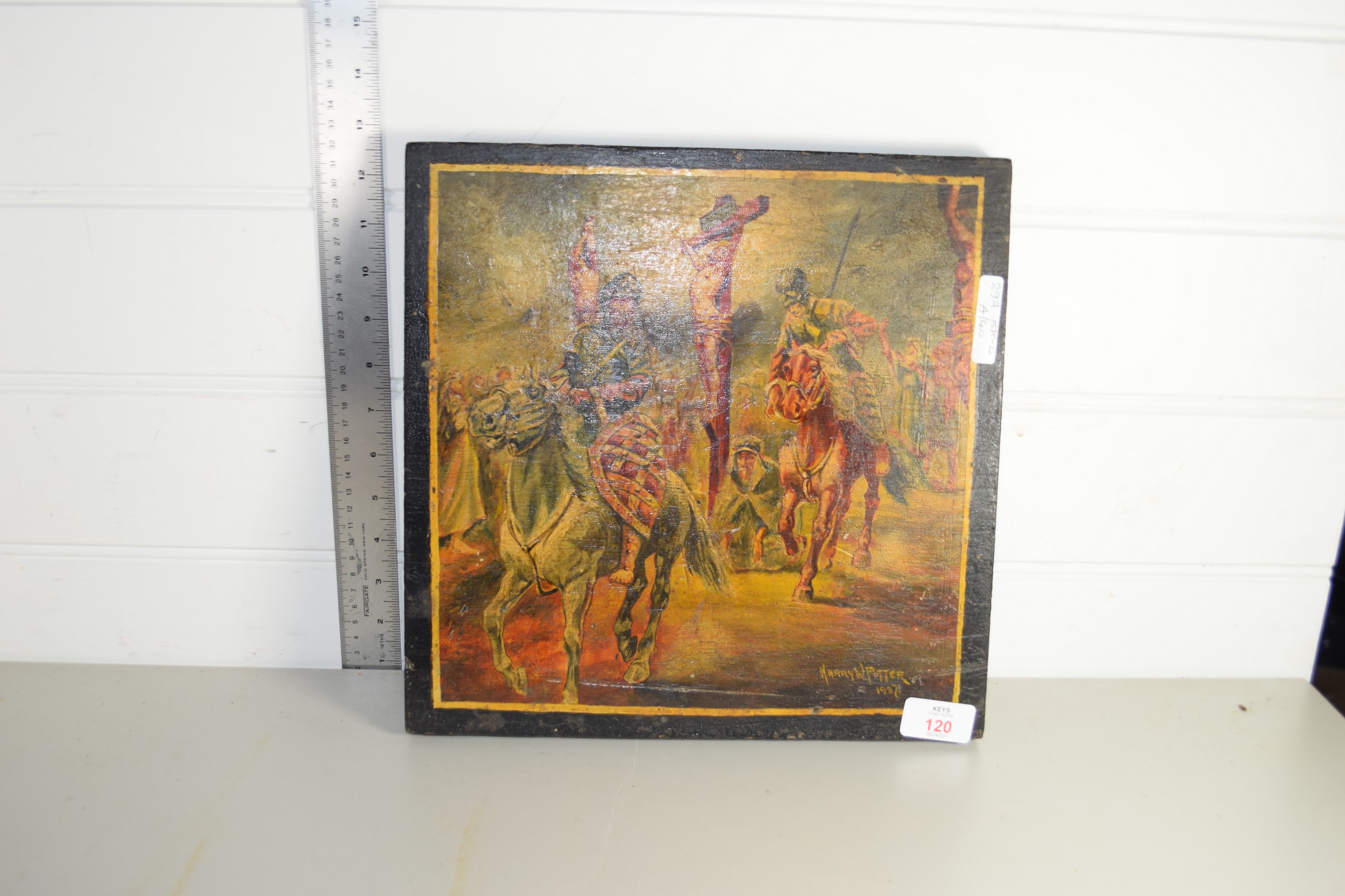 WOODEN BOARD WITH A CRUCIFIX SCENE, SIGNED HARRY POTTER