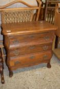 SMALL STAINED WOOD BOMBE CHEST OF DRAWERS, WIDTH APPROX 65CM
