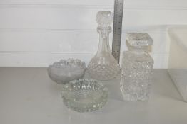 PLASTIC BOX CONTAINING TWO DECANTERS AND OTHER GLASS WARES