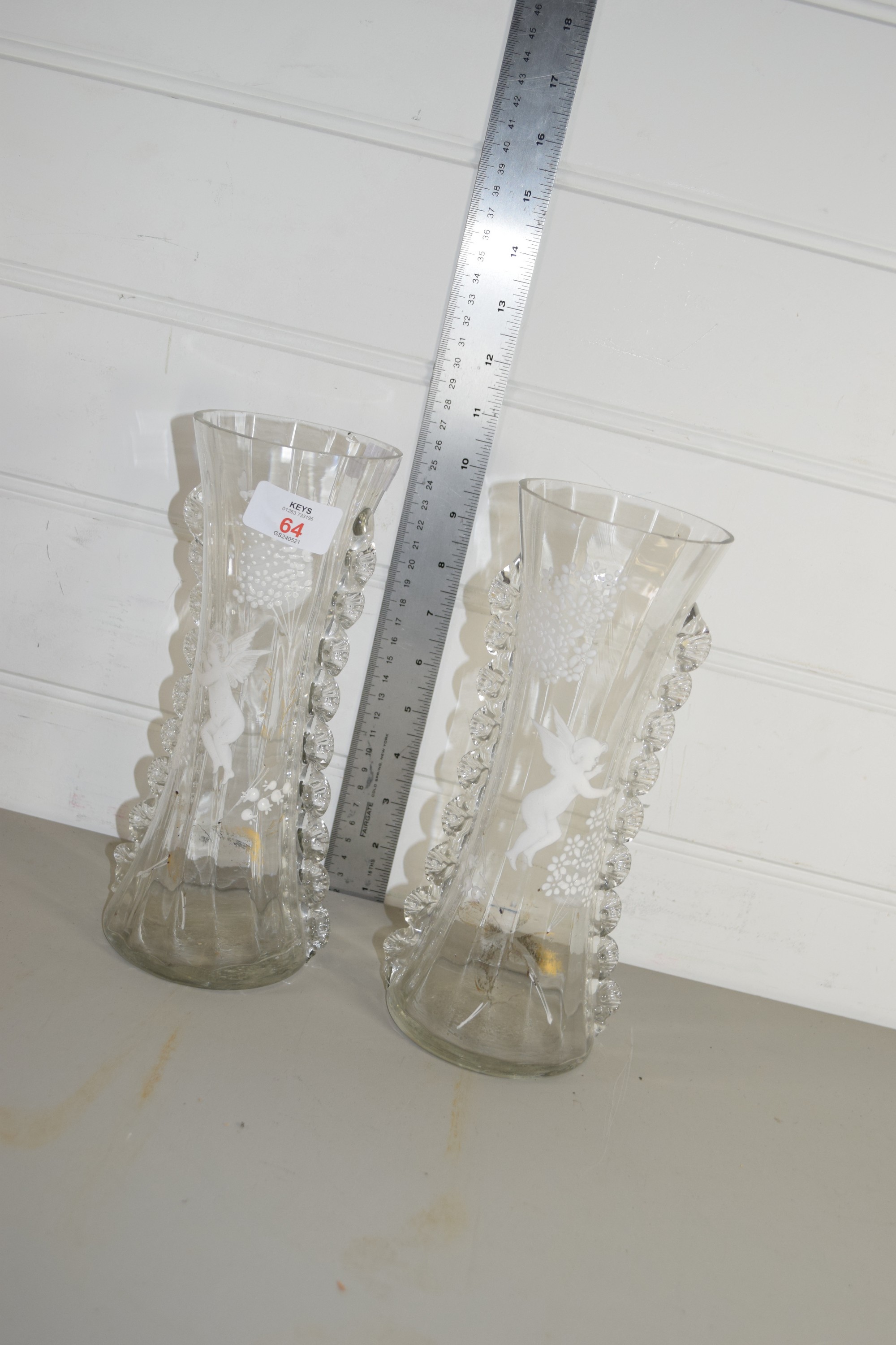 PAIR OF PLAIN GLASS VASES WITH PAINTED MARY GREGORY STYLE DECORATION