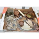 BOX CONTAINING QUANTITY OF METAL WARES, CRUET SET, SMALL MIRROR, MINIATURE COPPER KETTLE ETC