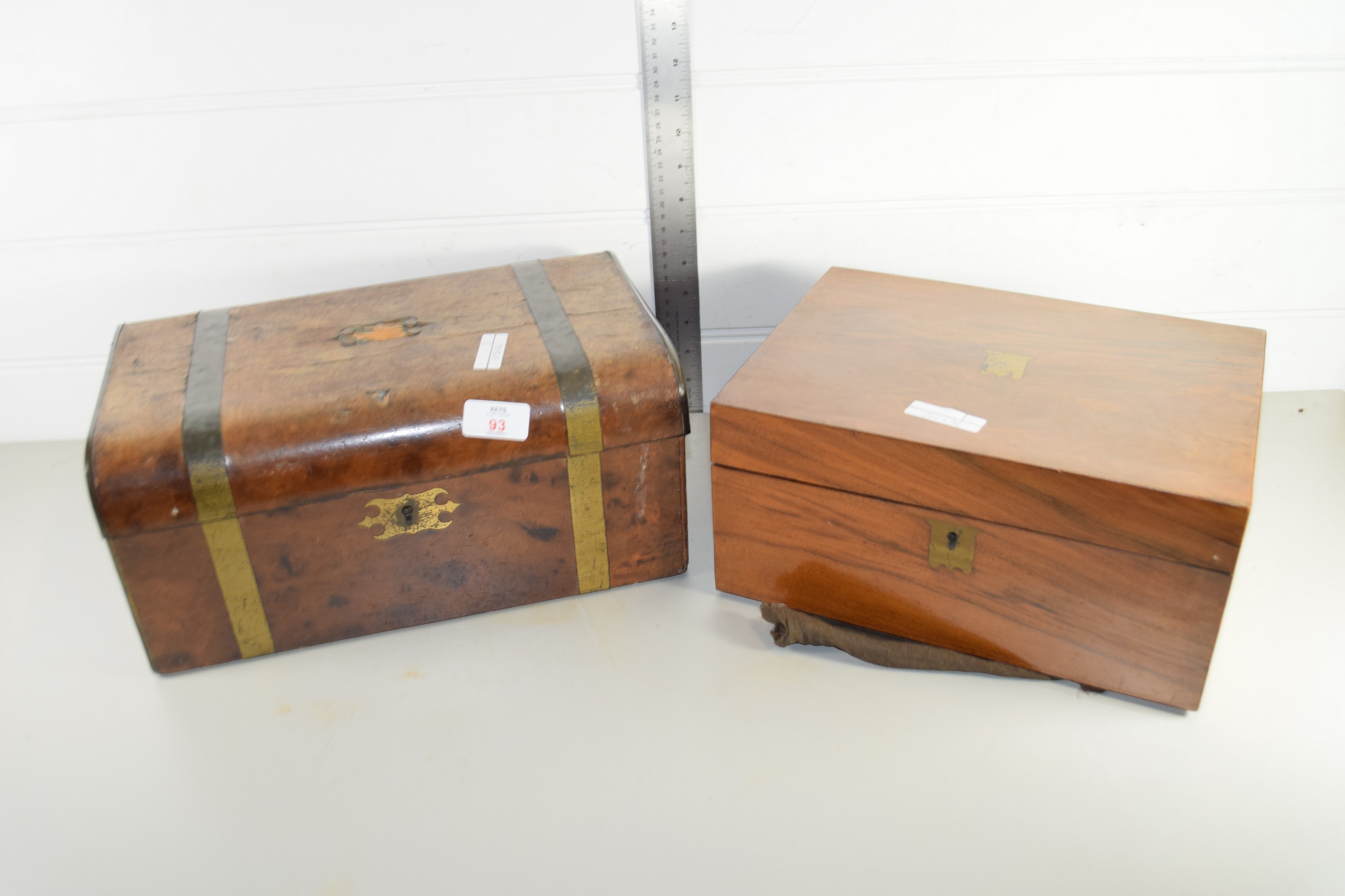 19TH CENTURY WALNUT BOX (A/F) TOGETHER WITH A FURTHER BOXED WRITING SLOPE