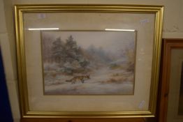 FRAMED PRINT, FOX IN WINTRY LANDSCAPE, APPROX 31 X 46CM