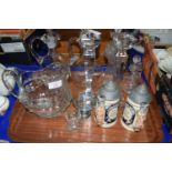 TRAY CONTAINING GLASS WARES, CUT GLASS WATER JUG AND PAIR OF BOHEMIA CANDLESTICKS