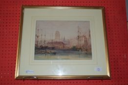 Unsigned Watercolour, Ships in Harbour, gallery lavel verso for Swan Gallery, Sherborne, 24cm x