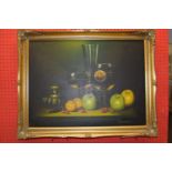 Firanzia, signed Oil on canvas, modern Still Life of Fruit and Drinks, 45cm x 60cm