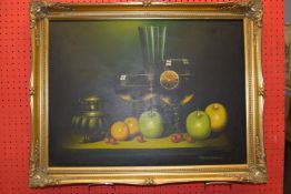 Firanzia, signed Oil on canvas, modern Still Life of Fruit and Drinks, 45cm x 60cm