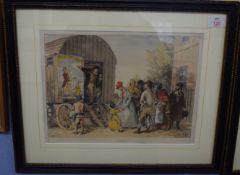 Set three coloured C19th Engravings, "The Show", "Punch", and "Guy Fawkes" each approx 25cm x 35cm