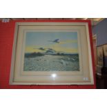 Peter Markham Scott, Print, signed in pencil with stamp to margin, Swans in Flight, 41cm x 53cm,