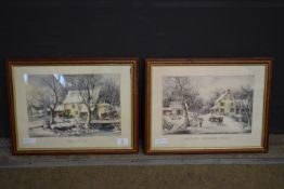 Currier and Ives Prints, "American Homestead in Winter" and "Frozen Up" (2), each 23cm x 32cm