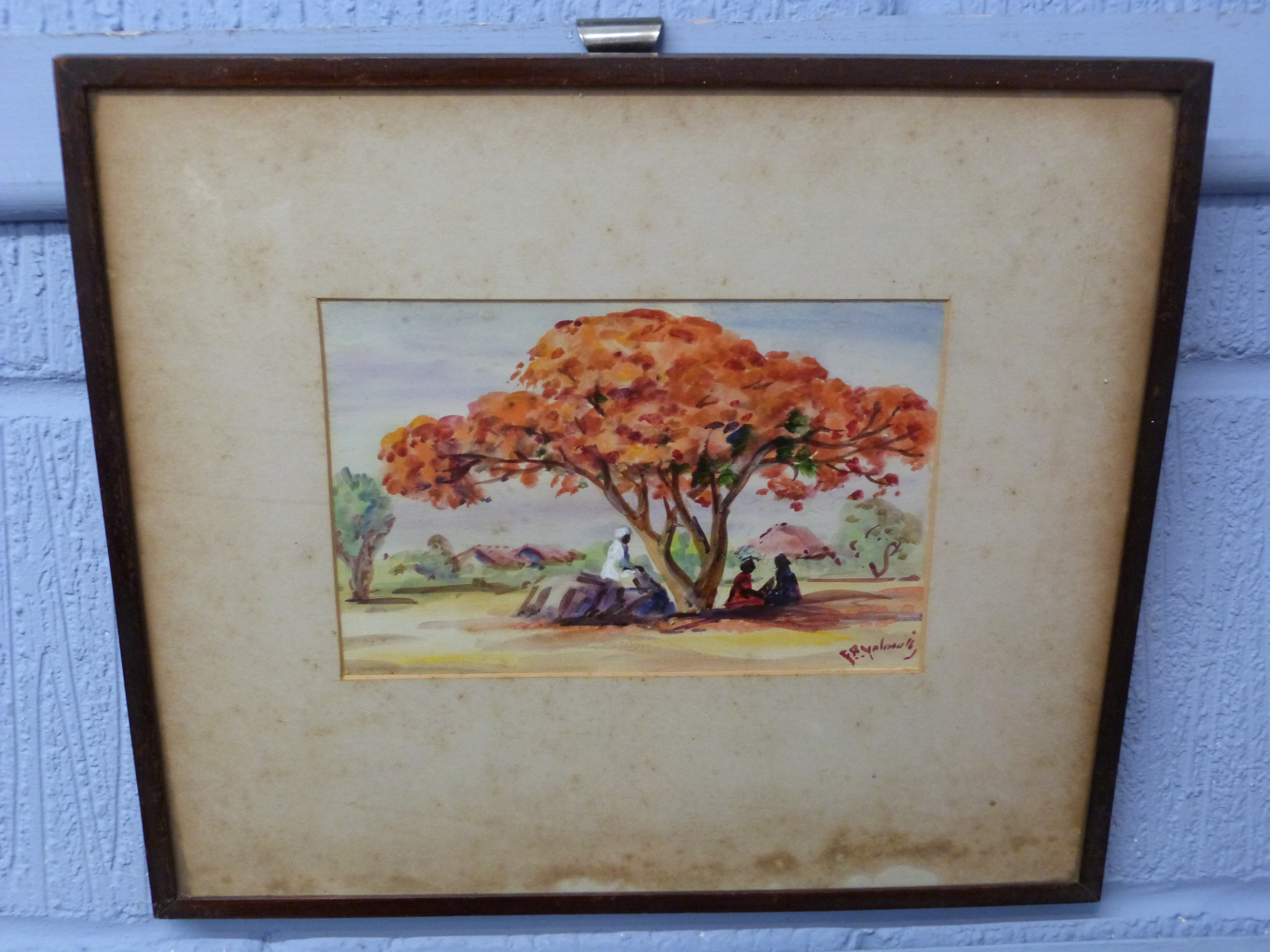 F B Yalavatti (mid 20th century) watercolour figures sheltering from sun signed lower right