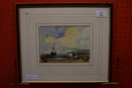 Style of Richard Parkes Bonnington, monogrammed Watercolour, Coastal scene, 13cm x 18cm