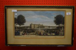 Coloured Print, A View of the Palace of Chantilly taken from the Orangery, after Rigaud 1735, 24cm x