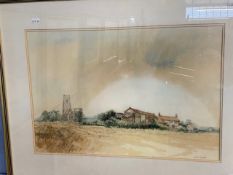 Keith Johnson, Watercolour, Norfolk Church & Farm