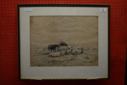 Attributed to Thomas Smythe, pencil sketch, Gypsies Resting, signed, 30cm x 41cm