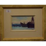 John Shave, Oil on board, "Down at the Harbour", artists label verso, 11.5cm x 19cm