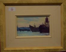 John Shave, Oil on board, "Down at the Harbour", artists label verso, 11.5cm x 19cm
