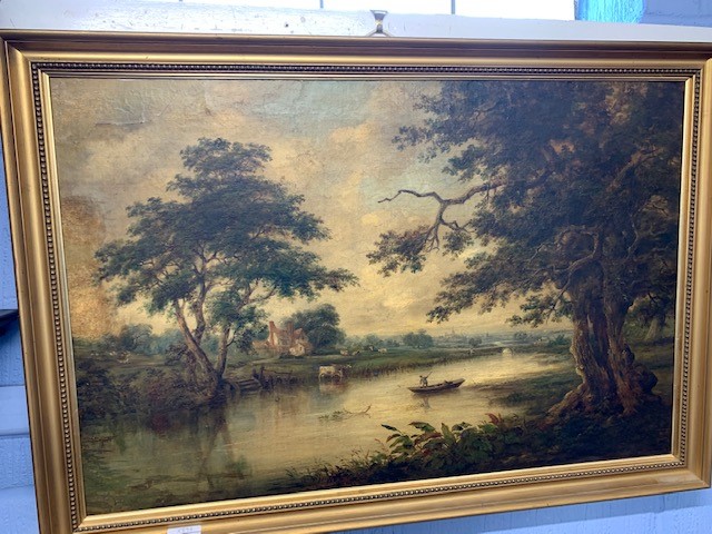 C19th British School, unsigned Oil on Canvas, River Scene, aprpox 60cm x 90cm