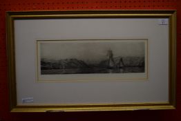 Harold Wyllie (1880-1975), etching with aquatint, "Shipping in an Estuary" 1926, details verso, 17cm