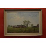 James Wright, signed Oil on canvas, Farm buildings, 36cm x 45cm