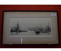 William Lionel Wyllie, artists Proof, "London Docks", details verso, 17cm x 36cm