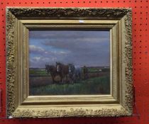 Geoffrey Mortimer, signed Oil, Ploughing with a team of 3 horses, 21cm x 26cm