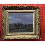 Geoffrey Mortimer, signed Oil, Ploughing with a team of 3 horses, 21cm x 26cm