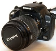 Canon EOS 350D digital camera together with Canon EFS 18-55mm lens, accessories and fitted case