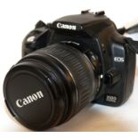 Canon EOS 350D digital camera together with Canon EFS 18-55mm lens, accessories and fitted case